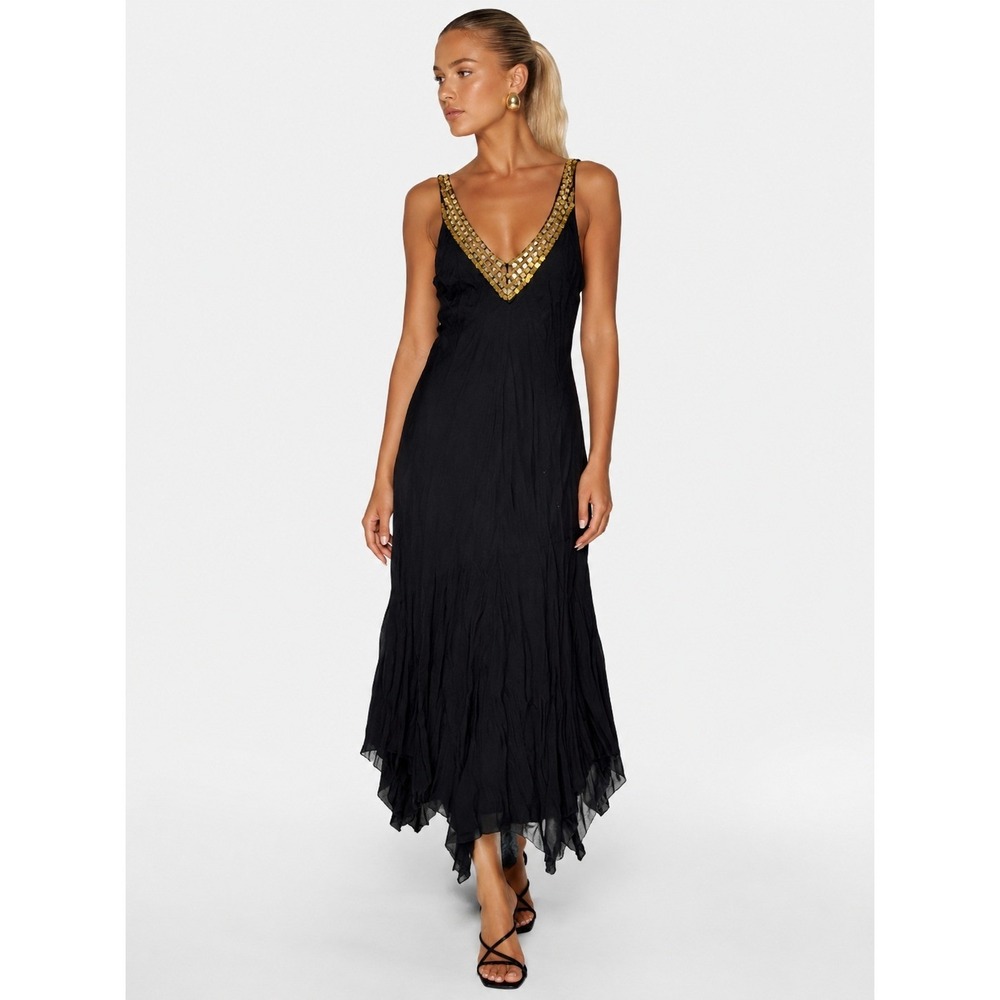 Cantata Black Gold Sequin V-Neck Pleated Handkerchief Hem Dress S